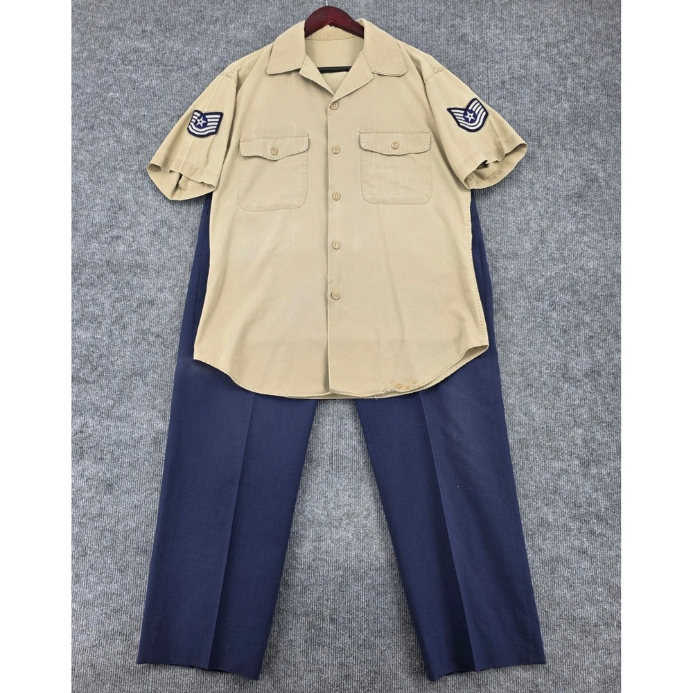 Vintage US Air Force Tan Short Sleeve Uniform Shirt Staff Sergeant Patches 15.5